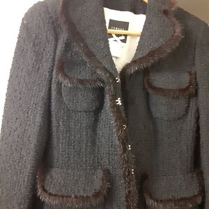 Edward Achour Paris Black Tweed Blazer with Brown Fur Trim